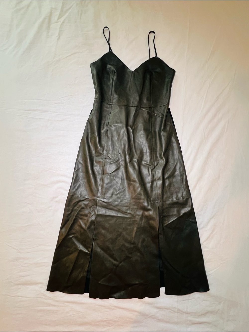 Banana Republic Olive Green Faux Leather Spaghetti Strap Midi Dress